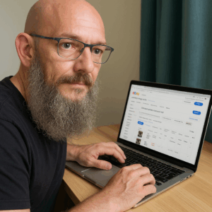 Olaf Droste sitzt an einem Laptop und verwaltet aktiv eBay-Angebote im Verkäufercockpit – fotorealistische Darstellung als Beweis für seine Praxiserfahrung im Online-Verkauf.